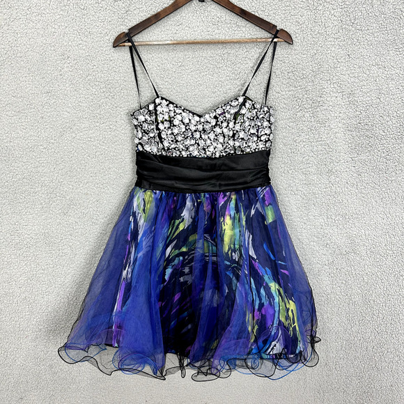 Vintage Y2K Ded Mini Prom Dress Juniors 13/14 Beaded Gem Chiffon 80s HOCO Glam - Picture 1 of 9